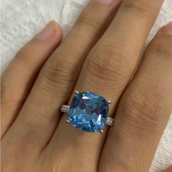 Italo Blue Topaz Ring Hidden Halo Cushion Cut Engagement Ring - Picture 10 of 11